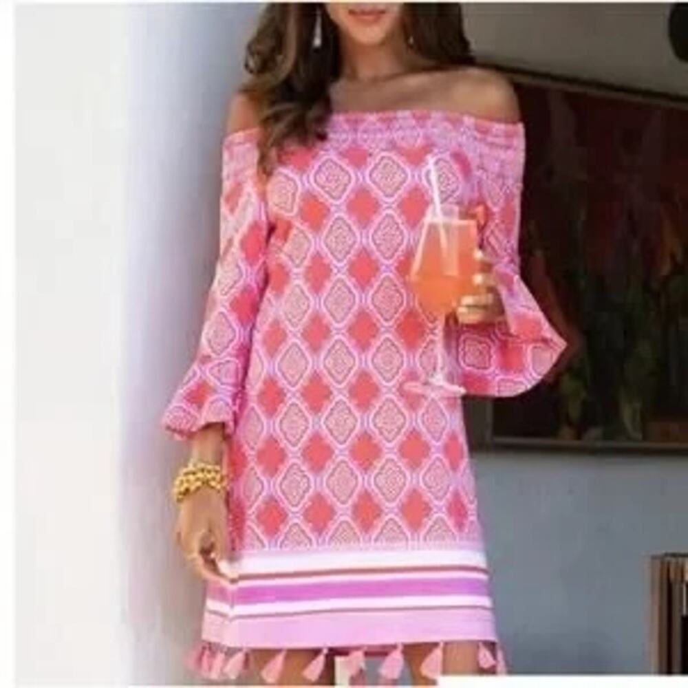 Cabana Life Coral Geo Coverluxe Smocked Dress Off the Shoulders UPF 50+ size XL - Picture 12 of 12
